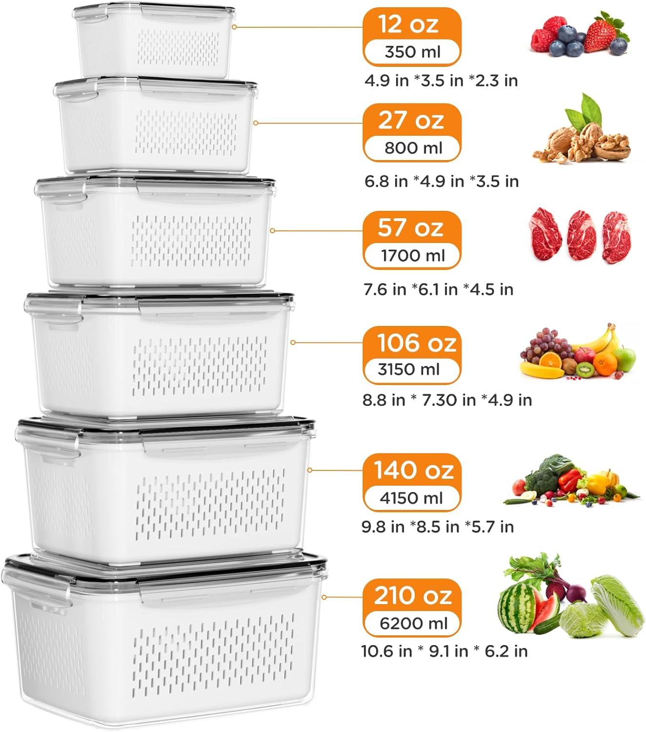 6 PCS Large Fruit Containers for Fridge - Leakproof Food Storage Containers with Removable Colander - Dishwasher & Microwave Safe Produce Containers Keep Fruits, Vegetables, Berry, Meat Fresh longer…