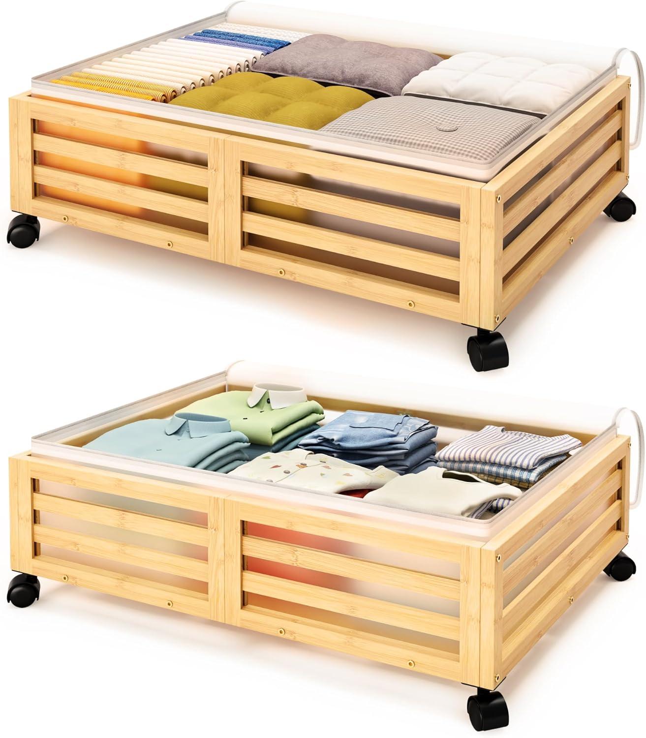 Bamboo Under Bed Storage Containers- Underbed Organizer with Wheels with Large Dust Bag,Sturdy Wood Rolling Under the Bed Shoe Storage Organizer Drawer 2 Packs (Walnut, Small)