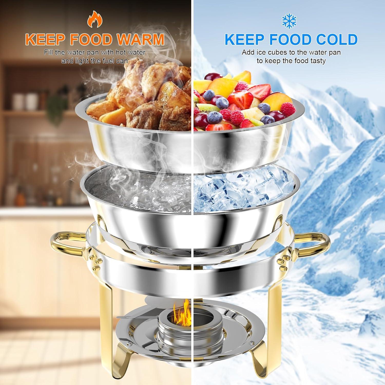 WhizMax Chafing Dish Buffet Set 2 Pack 5QT, Stainless Steel Round Chafing Dishes for Buffet with Lid Holder & Glass Lid, Gold