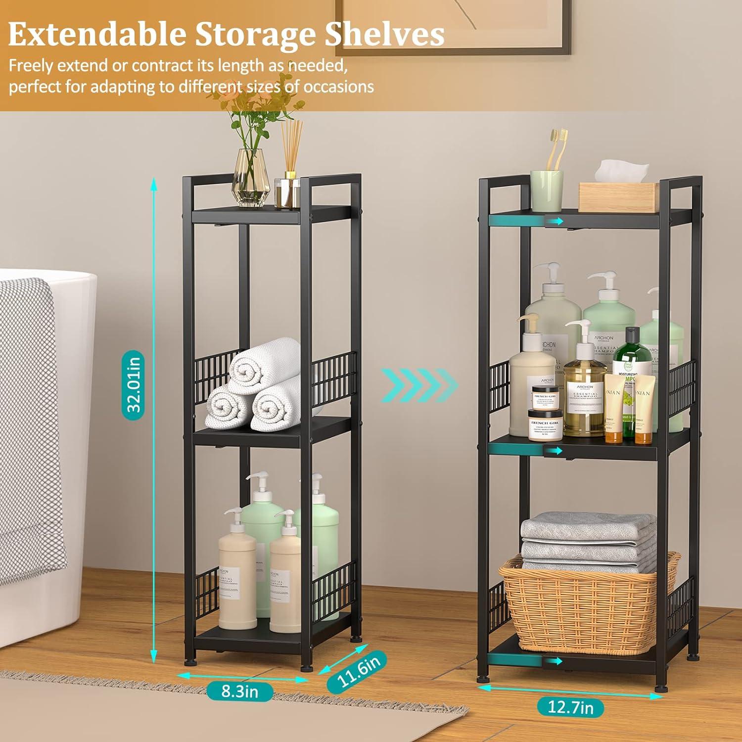 3-Tier Metal Shelving Unit, Expandable, Free-Standing, Narrow, Open Floor Shelves, Ideal for Bathroom, Kitchen, Laundry, Storage, Organization