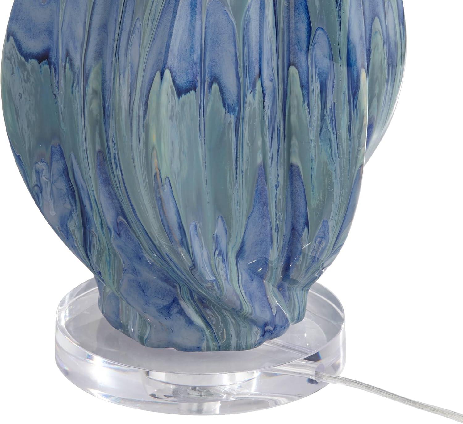 Teal Blue Drip Ceramic Table Lamp with Beige Shade