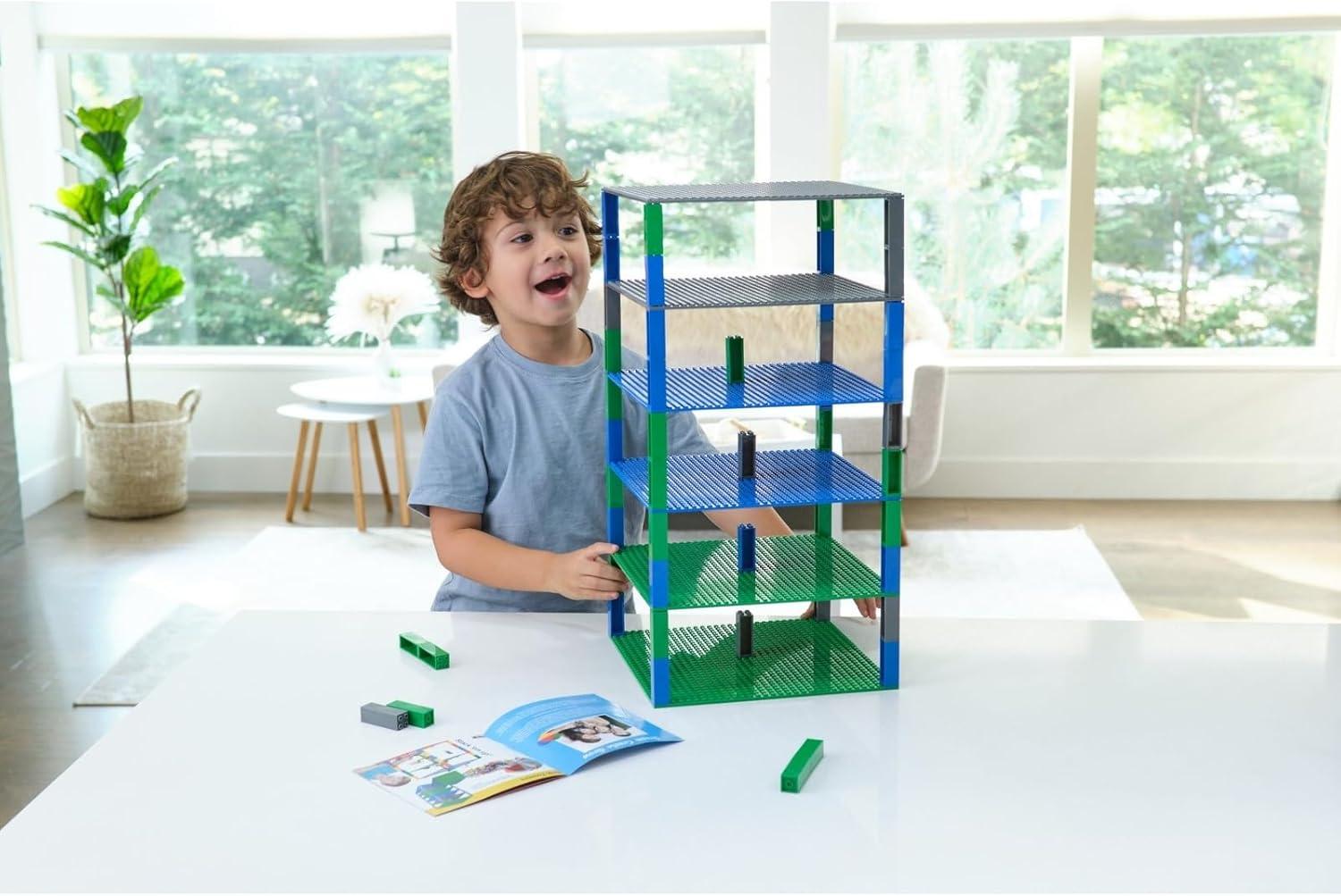 Strictly Briks Toy Building Block - Classic Baseplates 10" x 10" Brik Tower, 6 Baseplates & 50 Stackers in Blue Green & Gray, 56 Pc