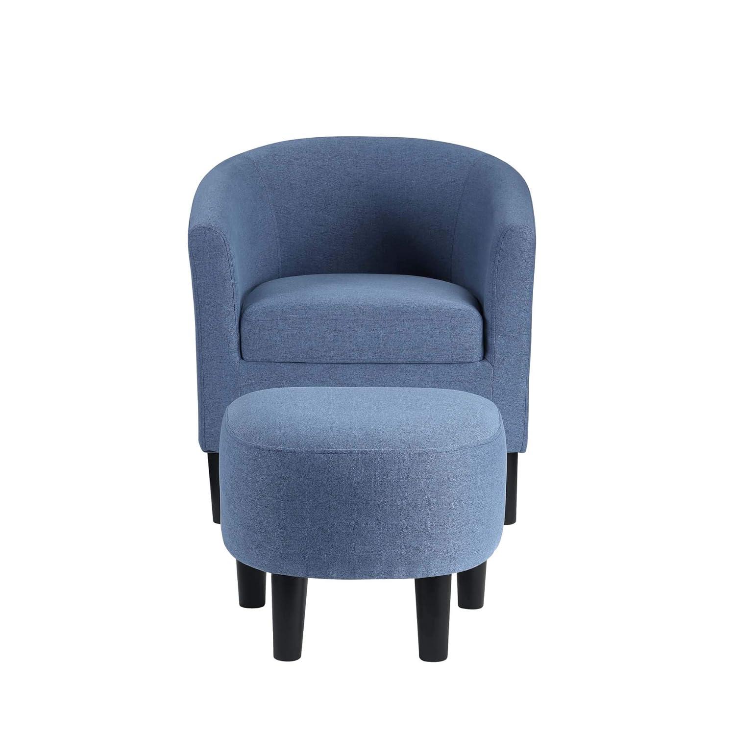 Blue Fabric Barrel Accent Chair with Ottoman