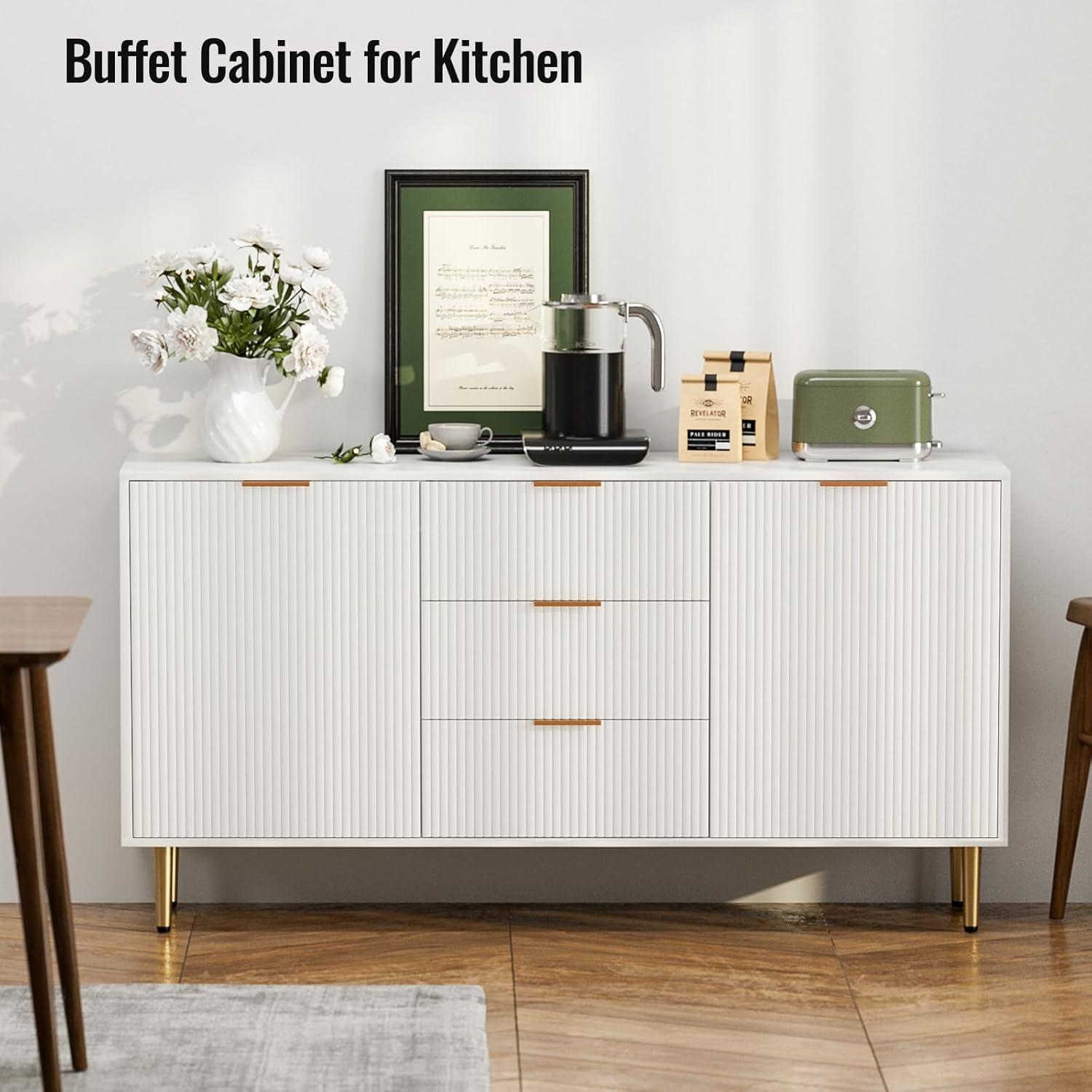 Fluted Accent Cabinet, Kitchen Sideboard Buffet Cabinet with 4 Fluted Doors, Modern Storage Cabinet with Adjustable Shelves for Living Room, Dining Room, Hallway (White)