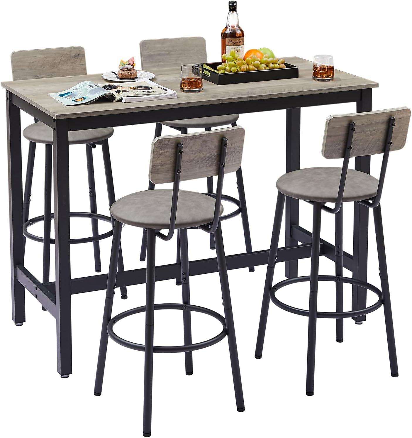 UZUGUL Bar Table Set for 4 with 4 PU Upholstered Stools, Pub Bistro Dinning Table and Stools with Backrest, Counter Height Bar Table Set for Apartment, Kitchen, Small Space