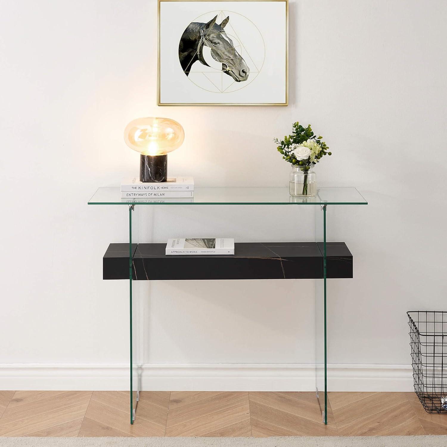 Sleek Dark Brown Glass-Top Console Table with Storage, 39.4"