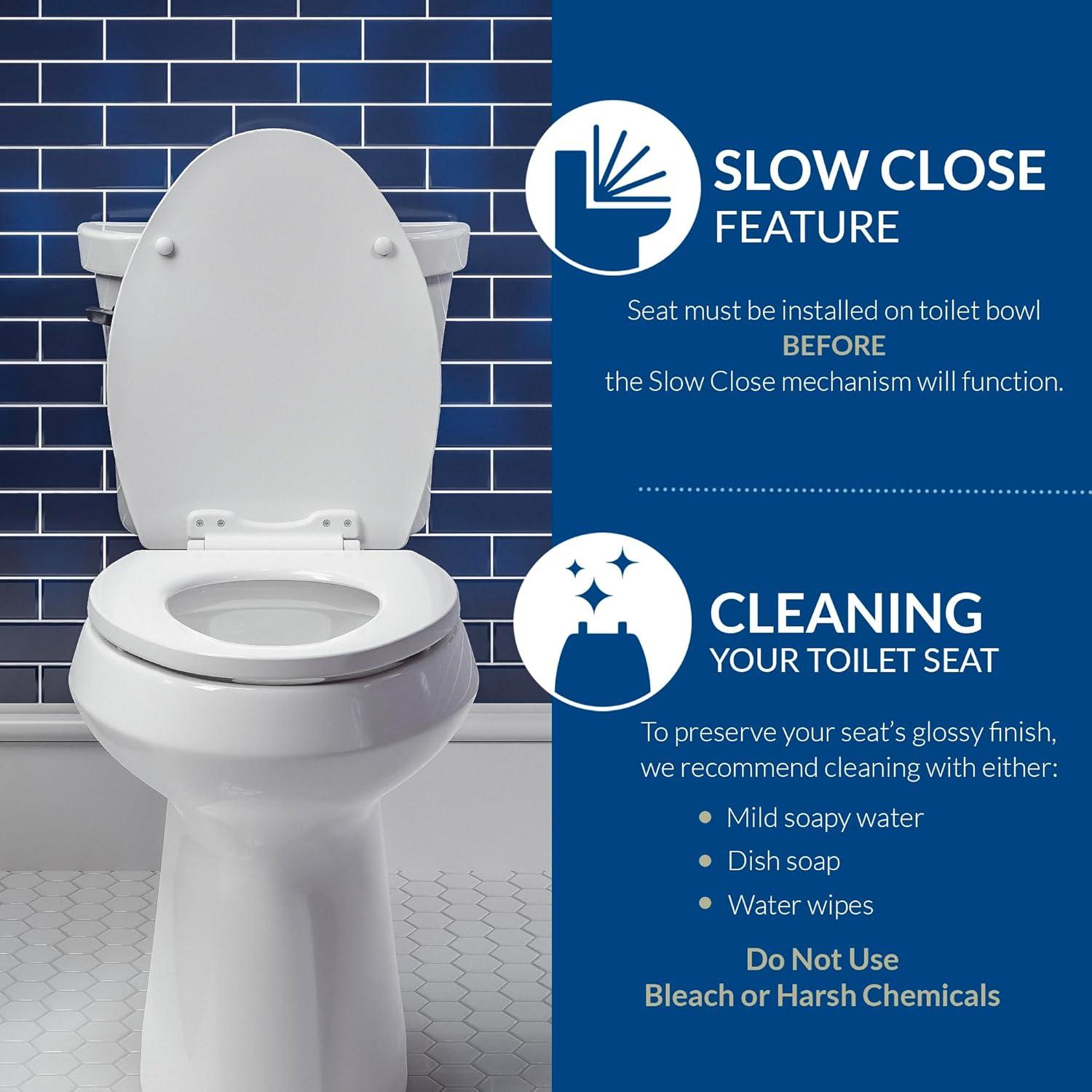 Bennett Toilet Seat with Metal Hinges, Slow Close Wood Seat, Easy Install, Elongated, White