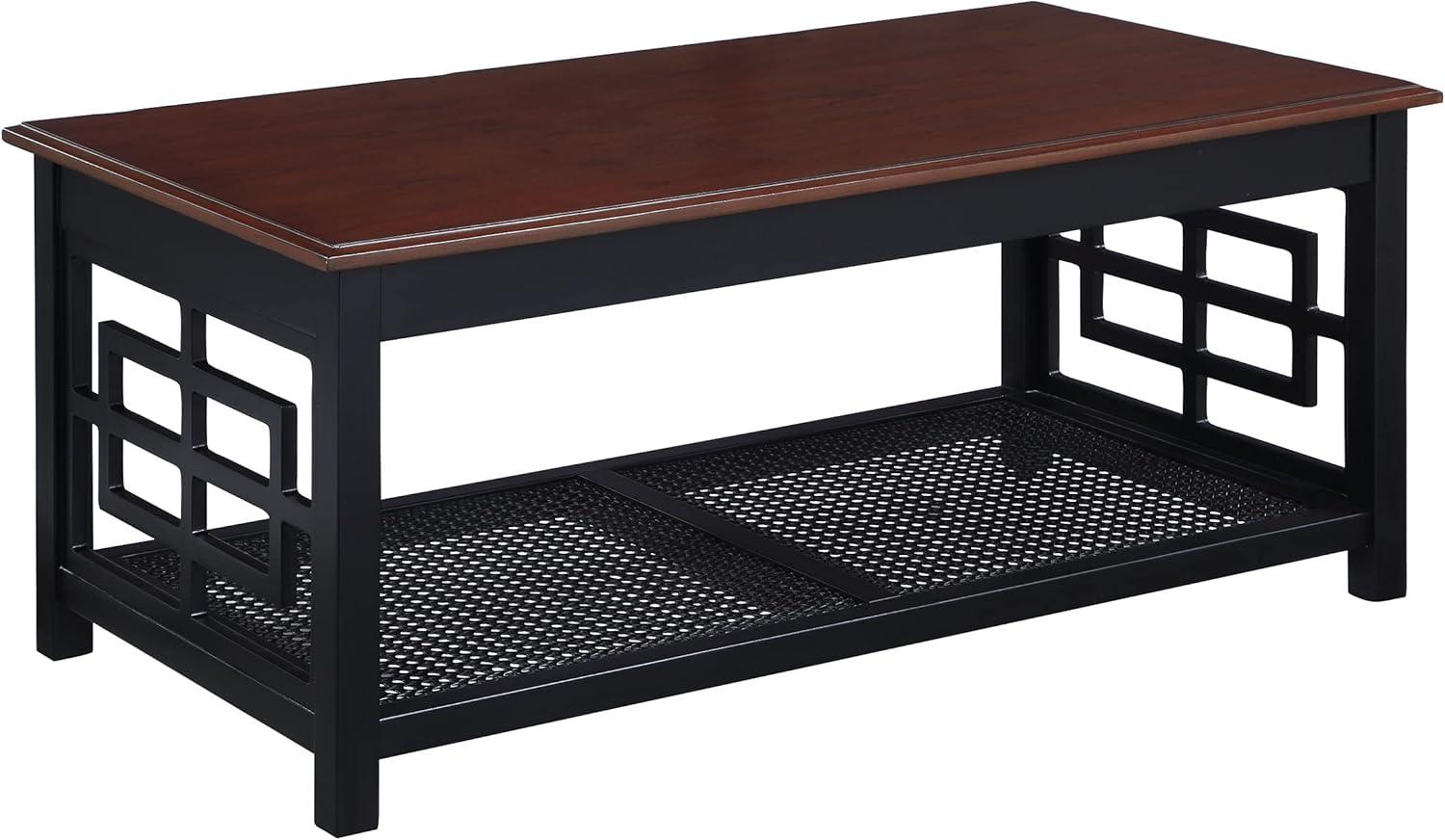 Mid-Century Fretwork Coffee Table with Cane Shelf, Cherry & Black