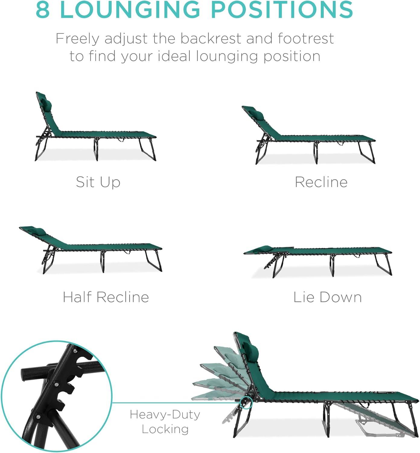 Best Choice Products Patio Chaise Lounge Chair, Outdoor Portable Adjustable Pool Recliner w/ Pillow - Forest Green