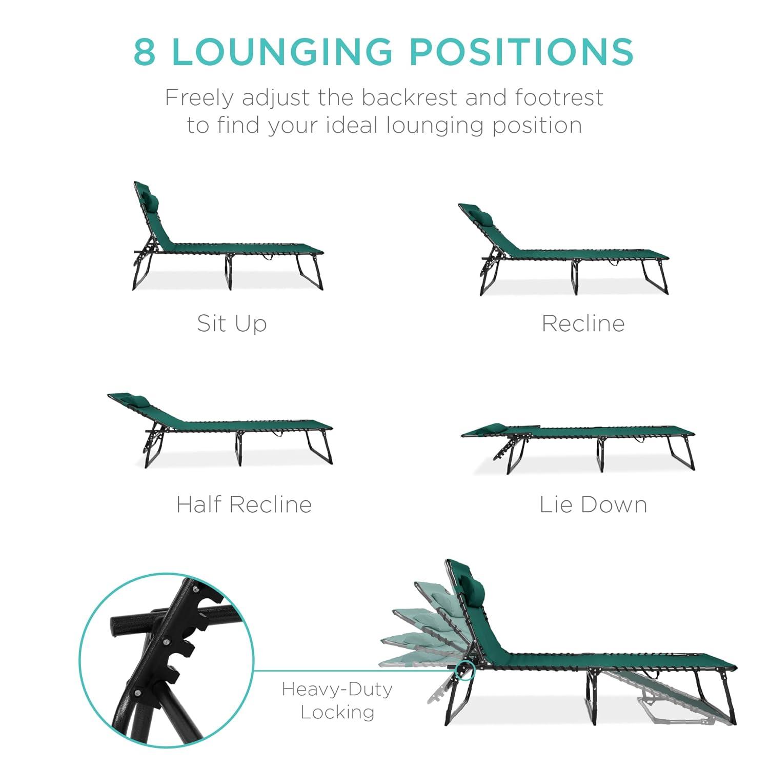 Best Choice Products Patio Chaise Lounge Chair, Outdoor Portable Adjustable Pool Recliner w/ Pillow - Forest Green