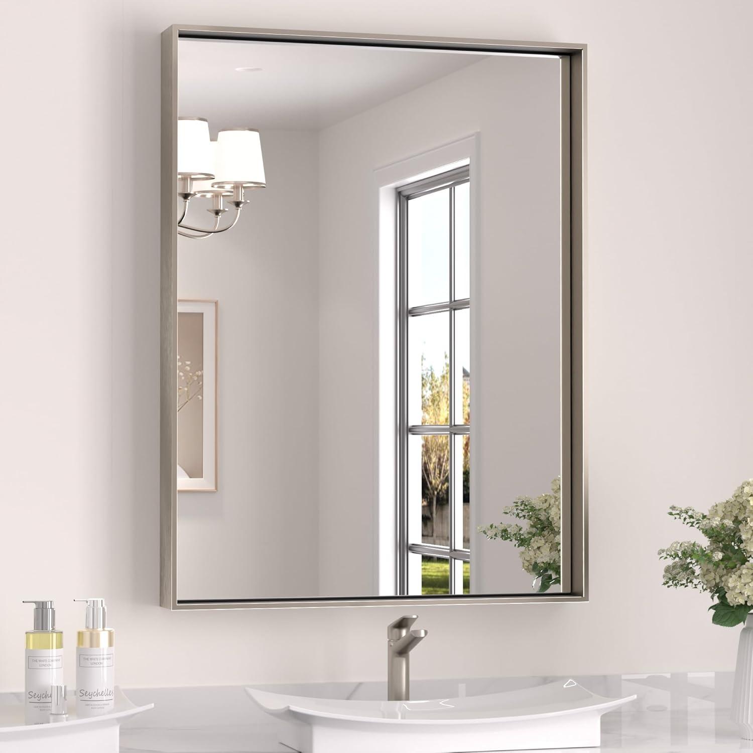 Keonjinn 24 x 32 in Brushed Nickel Bathroom Mirror for Wall, Silver Rectangular Metal Framed Vanity Mirror for Bathroom Sink Square Corner Aluminum Alloy Modern Rectangle Mirror(Horizontal/Vertical)