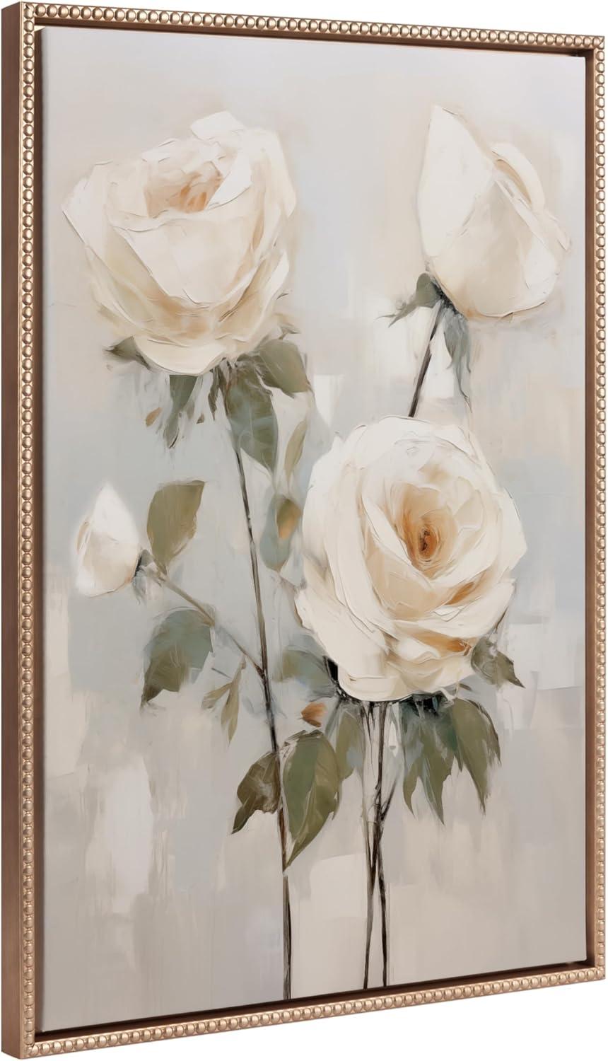 Gold Beaded Frame Soft White Roses Canvas Wall Art 23x33