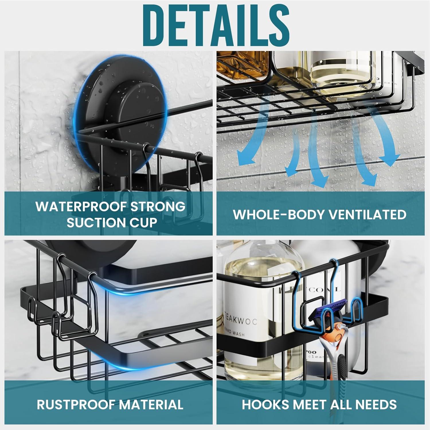 Shower Caddy Suction Cup 2 Pack With Hooks & Soap Holder, Heavy Duty Shower Organizer For Bathroom