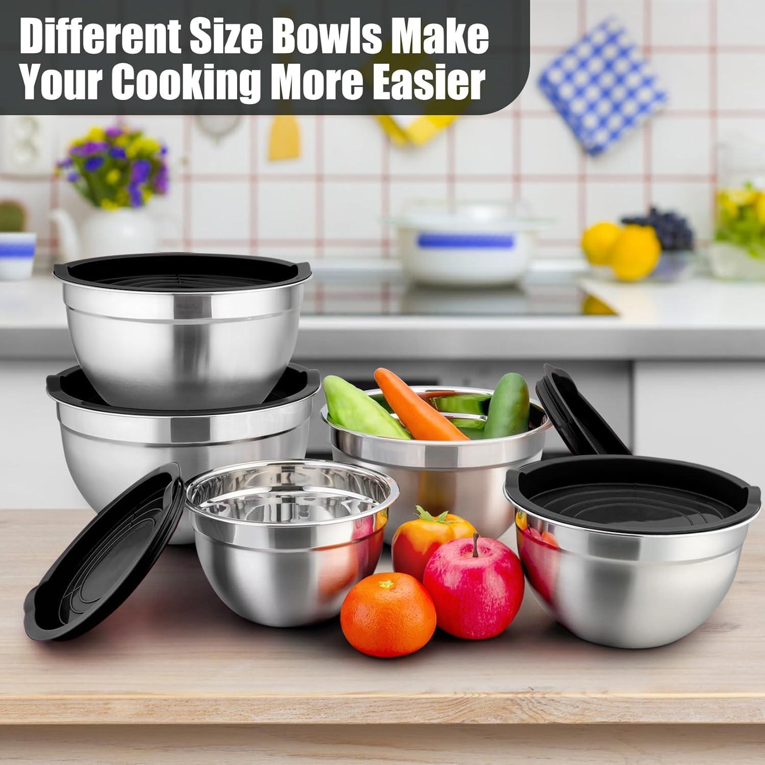 Toledo Bath & Kitchen Stainless Steel Mixing Bowls With Lids, 5-Pack Metal Nesting Bowls With Airtight Covers For Cooking, Baking, Serving, Storage, Non-Toxic & Dishwasher Safe, Size 4.6/3/1.5/1/0.7QT - Khaki