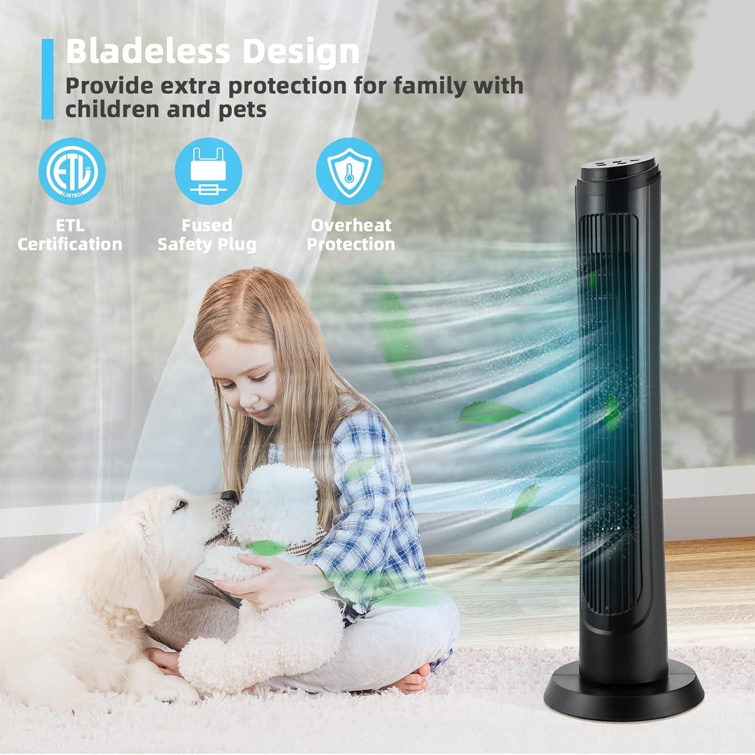 Topcobe 40" Tower Fan with Remote 75˚ Oscillating Fan with 3 Wind Modes and 4 Wind Speeds, Smart Floor Fans for Bedroom, Standing Bladeless Fan, Black