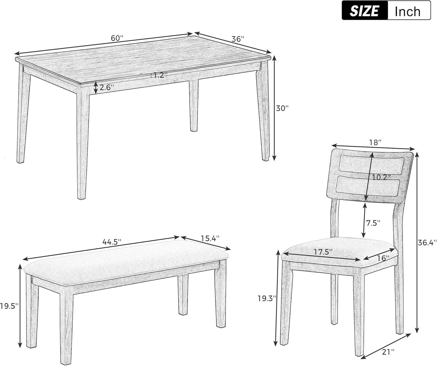 Traditional Rectangular Dining Table Bench and Chairs, 6-Piece Kitchen Dining Room Table Set with Padded Seat & Backrest, Standard Height (White Gray)