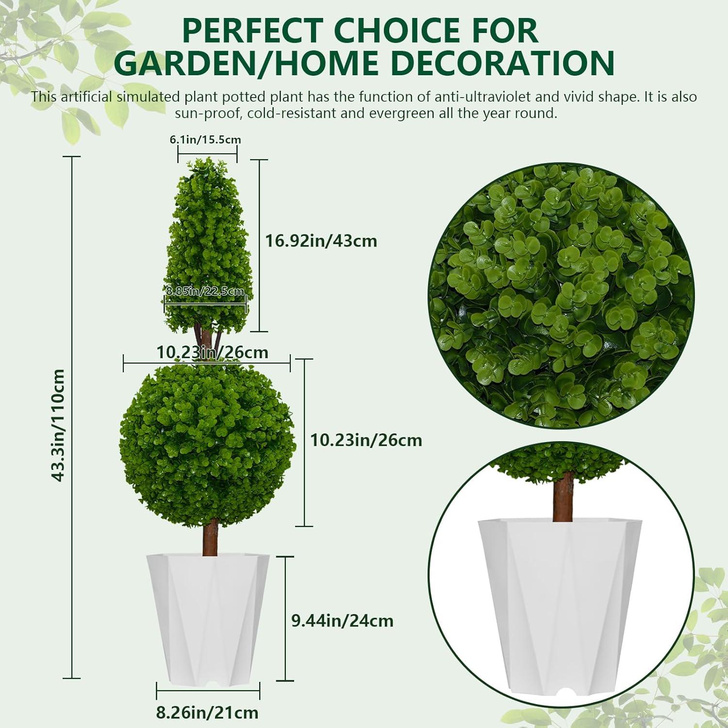 22’’ Faux Boxwood Topiary Ball Tree Set of 2, Artificial Plants Outdoor Weather Resistant, Cement-Filled Potted Bushes, Evergreen Topiary Trees Artificial for Porch Decoration Indoor Outdoor