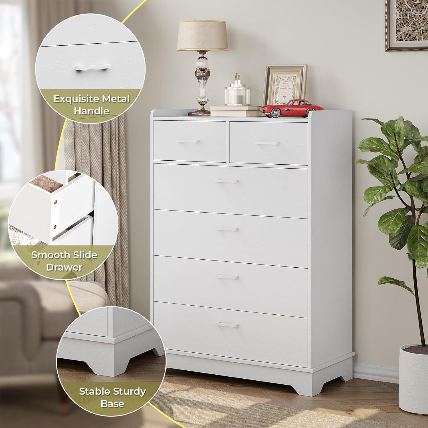 Homfa White Dresser with 6 Drawers, Vertical Chest of Drawers Wood Storage Cabinet for Bedroom Living Room