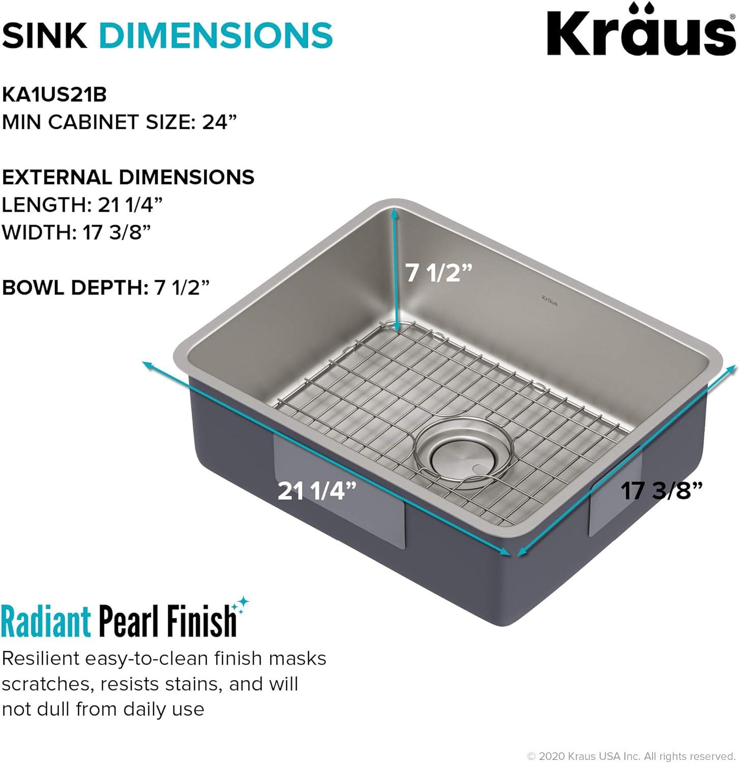 Dex™️ Series KRAUS 21" L Undermount 16 Gauge Stainless Steel Single Bowl Kitchen Sink