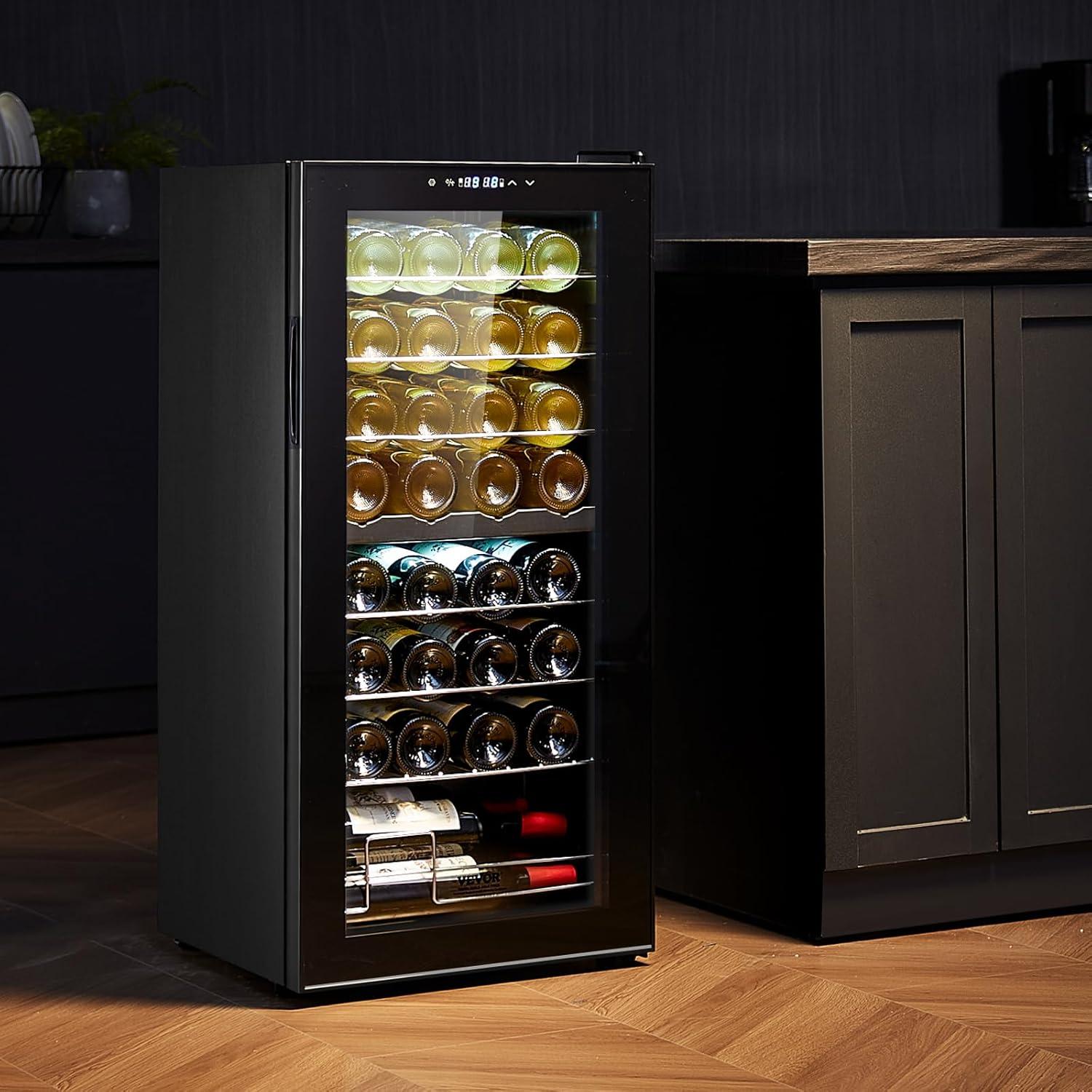 32-Bottle Black Dual Zone Freestanding Wine Cooler with Glass Door