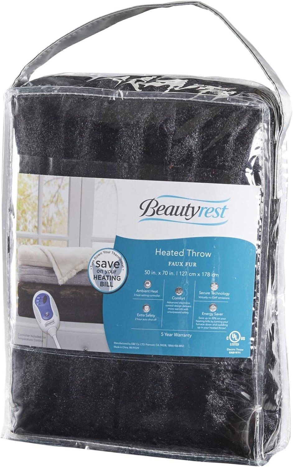 Beautyrest Oversized Faux Fur Electric Heated Throw, 50x70", Black