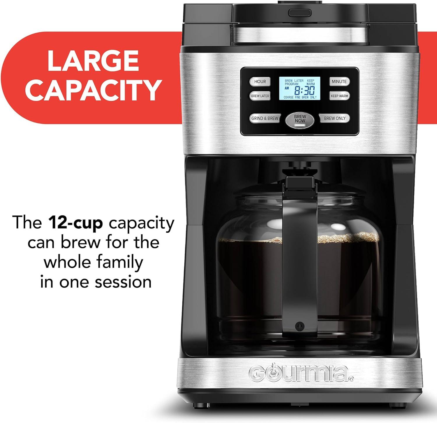 Gourmia 12-Cup Programmable Grind & Brew Coffee Maker: Stainless Steel, Dishwasher-Safe Parts