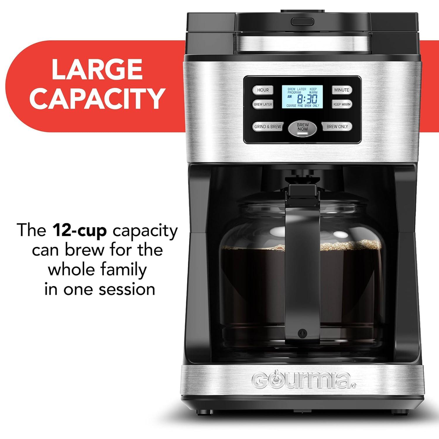 Gourmia 12-Cup Programmable Grind & Brew Coffee Maker: Stainless Steel, Dishwasher-Safe Parts
