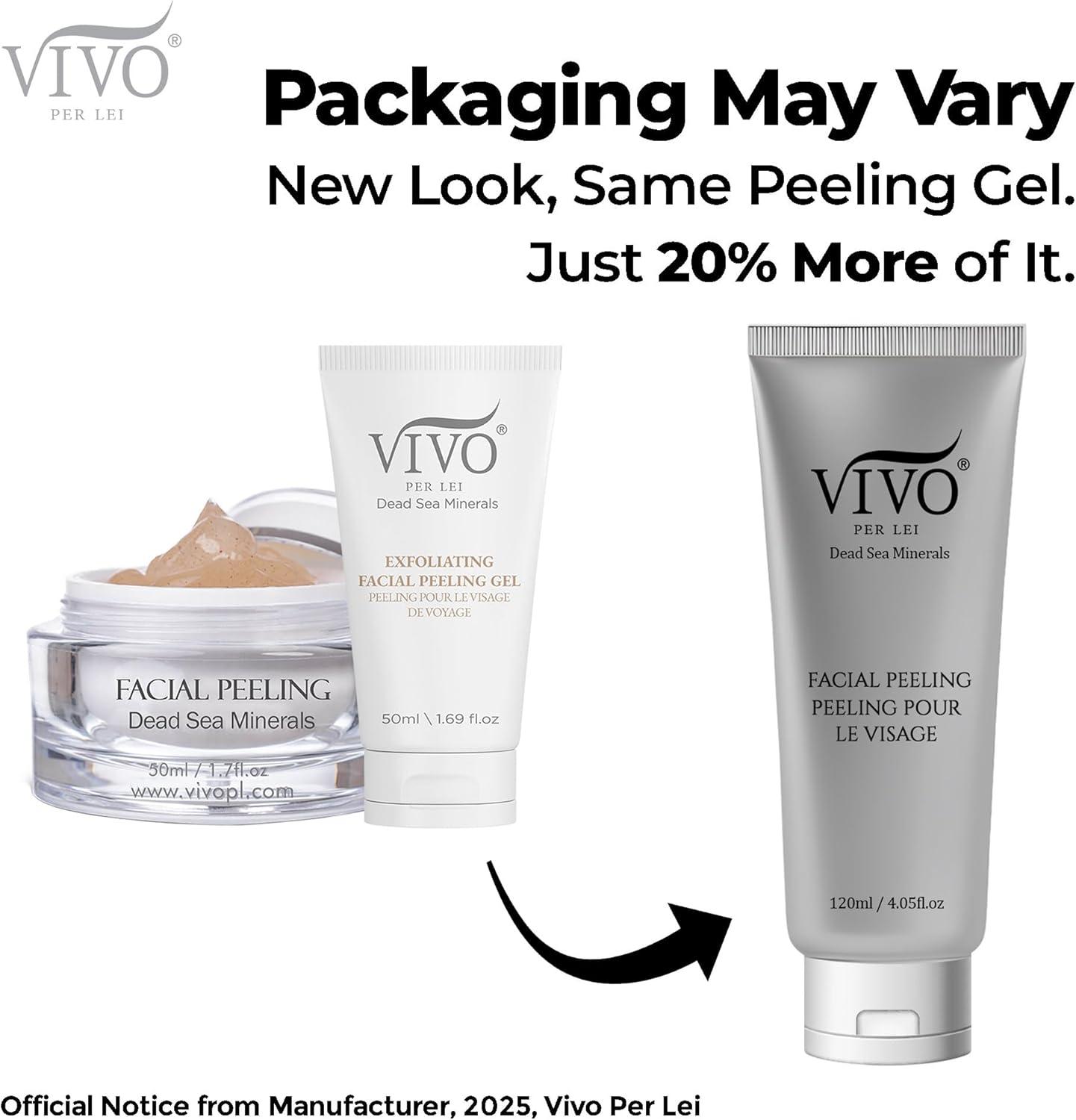 Vivo Per Lei Facial Peeling Gel - Contains Dead Sea Minerals and Nut Shell Powder - Gentle Face Exfoliator Scrub and Blackhead Remover - Peel Your Skin to a Fresher You - 3.4 Fl. Oz.