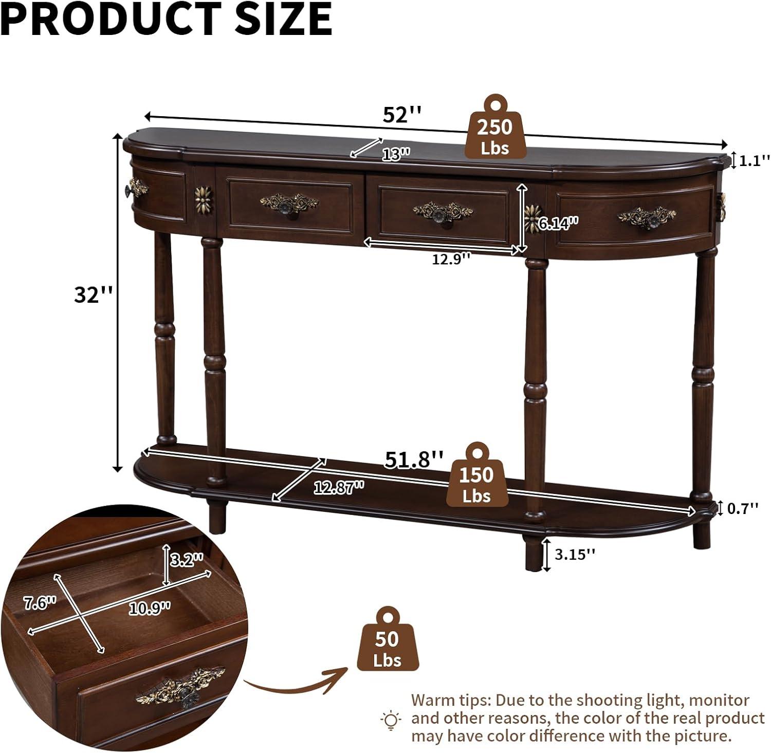 52" Espresso Wood Demilune Console Table with Storage