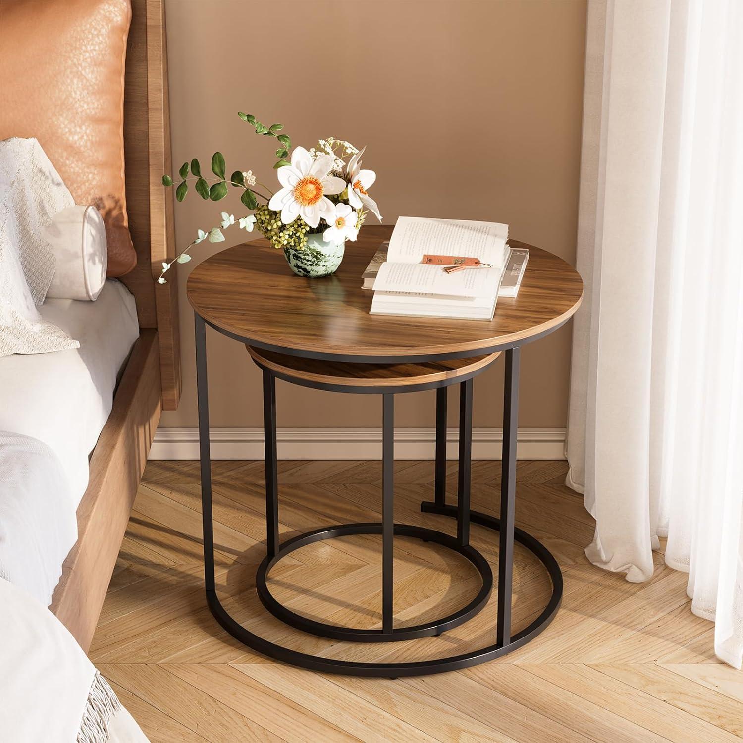 Yesfashion Nesting Coffee Table Set Of 2, 27.6" Round Coffee Table Wood Top With Sturdy Metal Frame, End Table Side Tables For Living Room Bedroom Balcony Yard