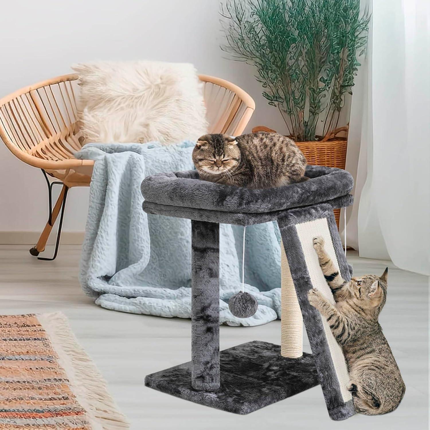 Cat Scratching Post With Perch, Cat Scratching Board For Adults, Cat Post Scratcher For Indoor Cats, 2 Dangling Balls Great For Kittens