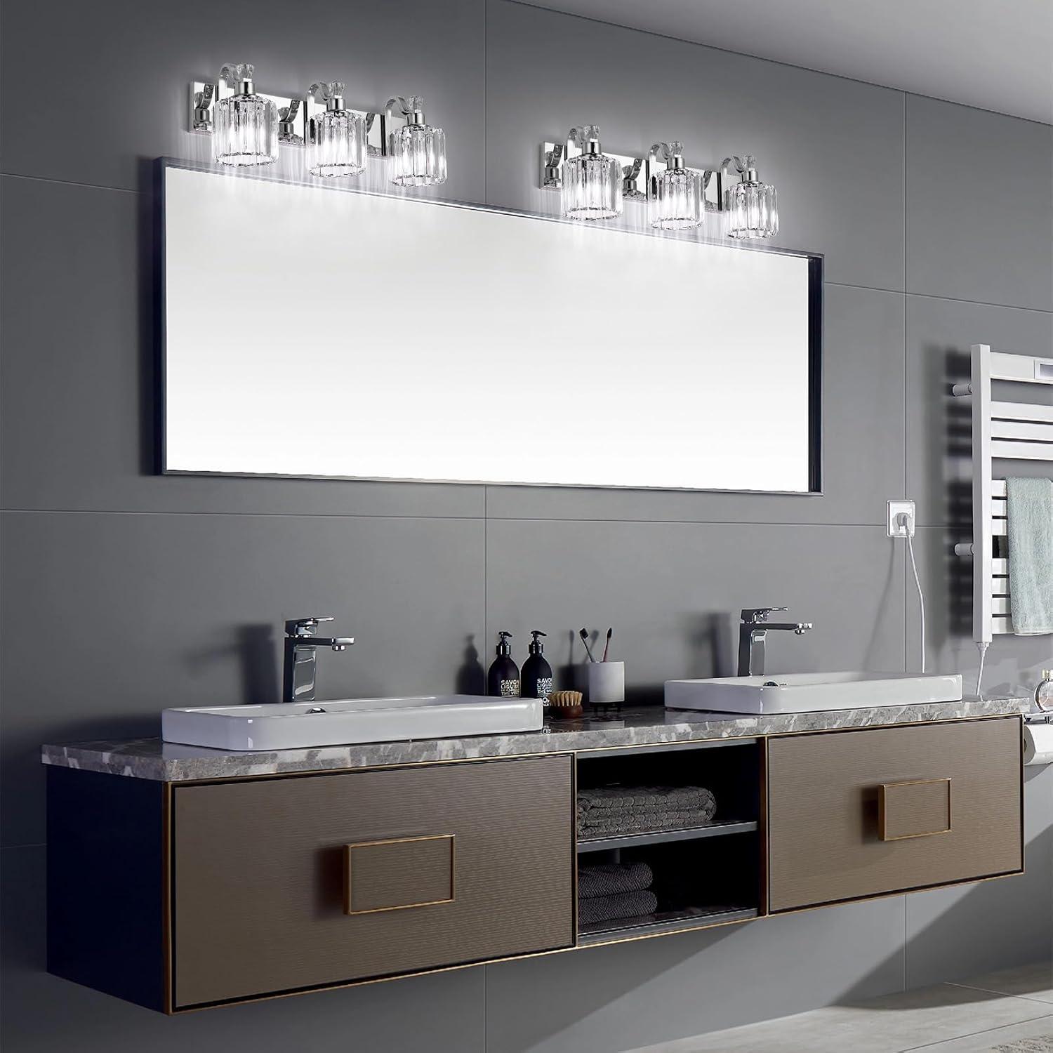 GAOMON LED Modern Crystal Bathroom Vanity Lights Over Mirror, Chrome Bathroom Light Fixtures Wall Light (4-Light)