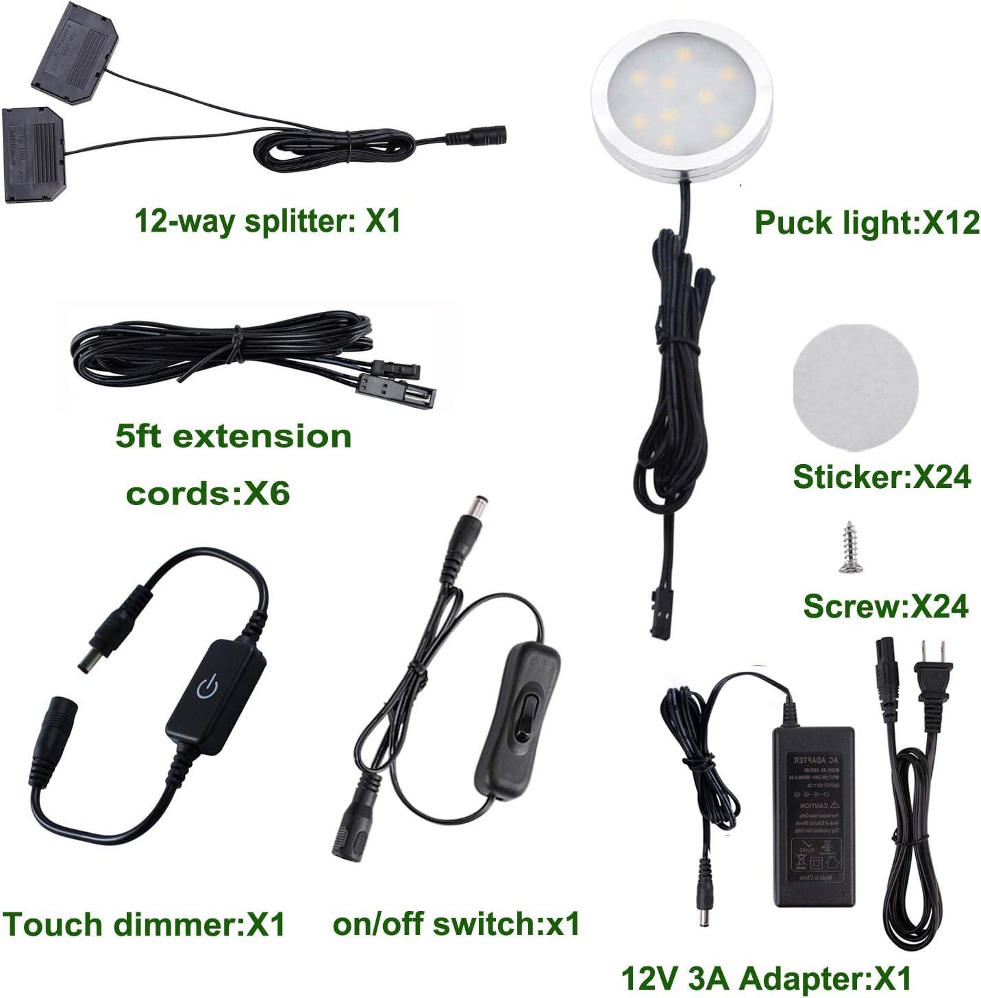 12V LED Under Cabinet Lighting Touch Dimming Puck Lights, Hardwired or Plug in with UL Listed Adapter, Updated Home Light, Accent Lights 24W (12 Lights Daylight White)