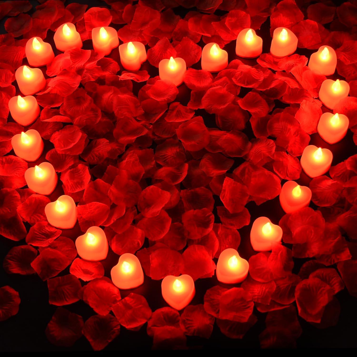 Red Flameless LED Tealights with Artificial Rose Petals Kit