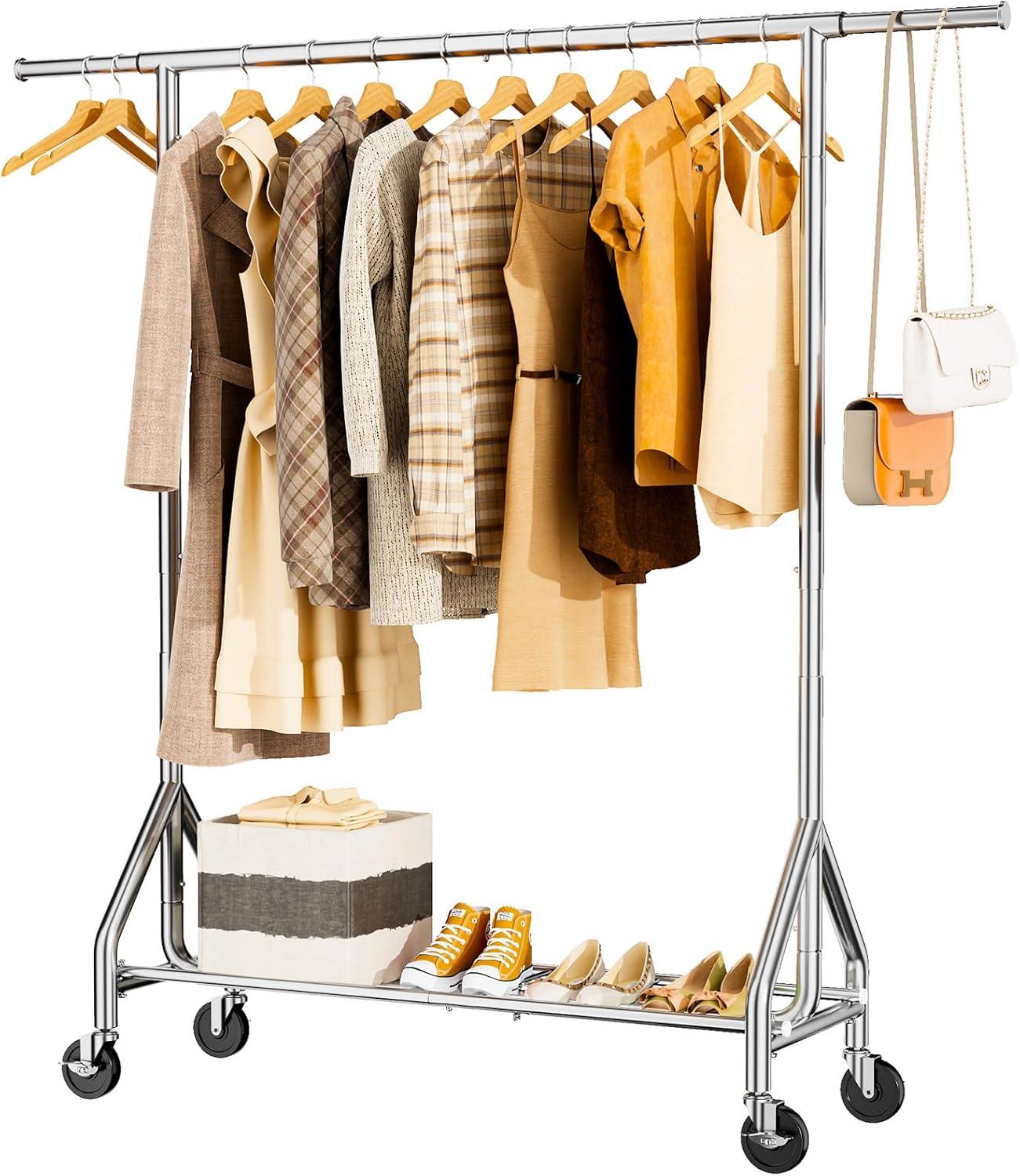 Heavy Duty Clothes Rack Load 450 LBS, Metal Garment Rack, Standing Rolling Clothing Rack for Hanging Clothes with Sturdy Wheels & Shelves, Portable Closet Wardrobe Rack,Sliver