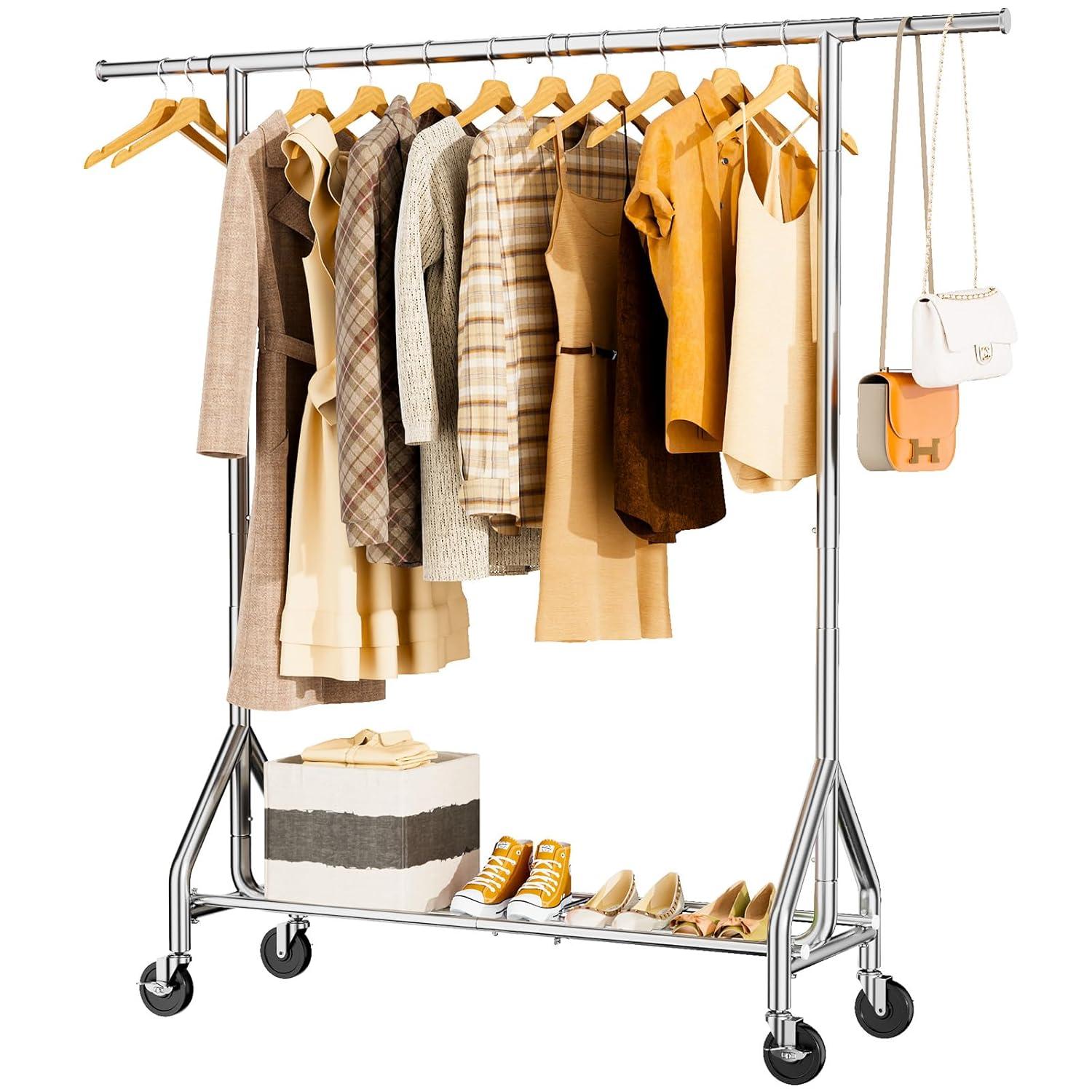 Heavy Duty Clothes Rack Load 450 LBS, Metal Garment Rack, Standing Rolling Clothing Rack for Hanging Clothes with Sturdy Wheels & Shelves, Portable Closet Wardrobe Rack,Sliver