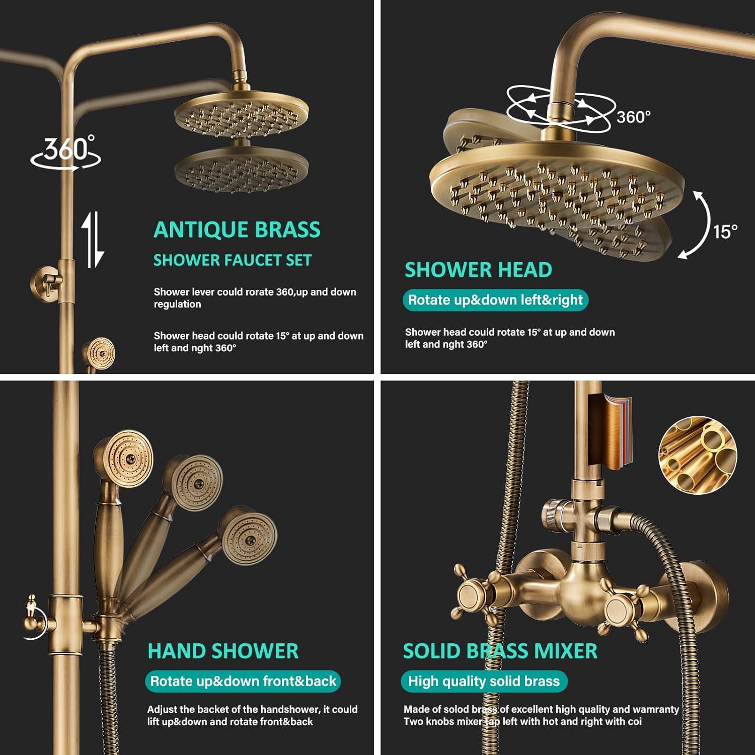 Zovajonia Antique Brass Shower Fixture Set 8" Rain 2 Knobs Shower Faucet Combo System