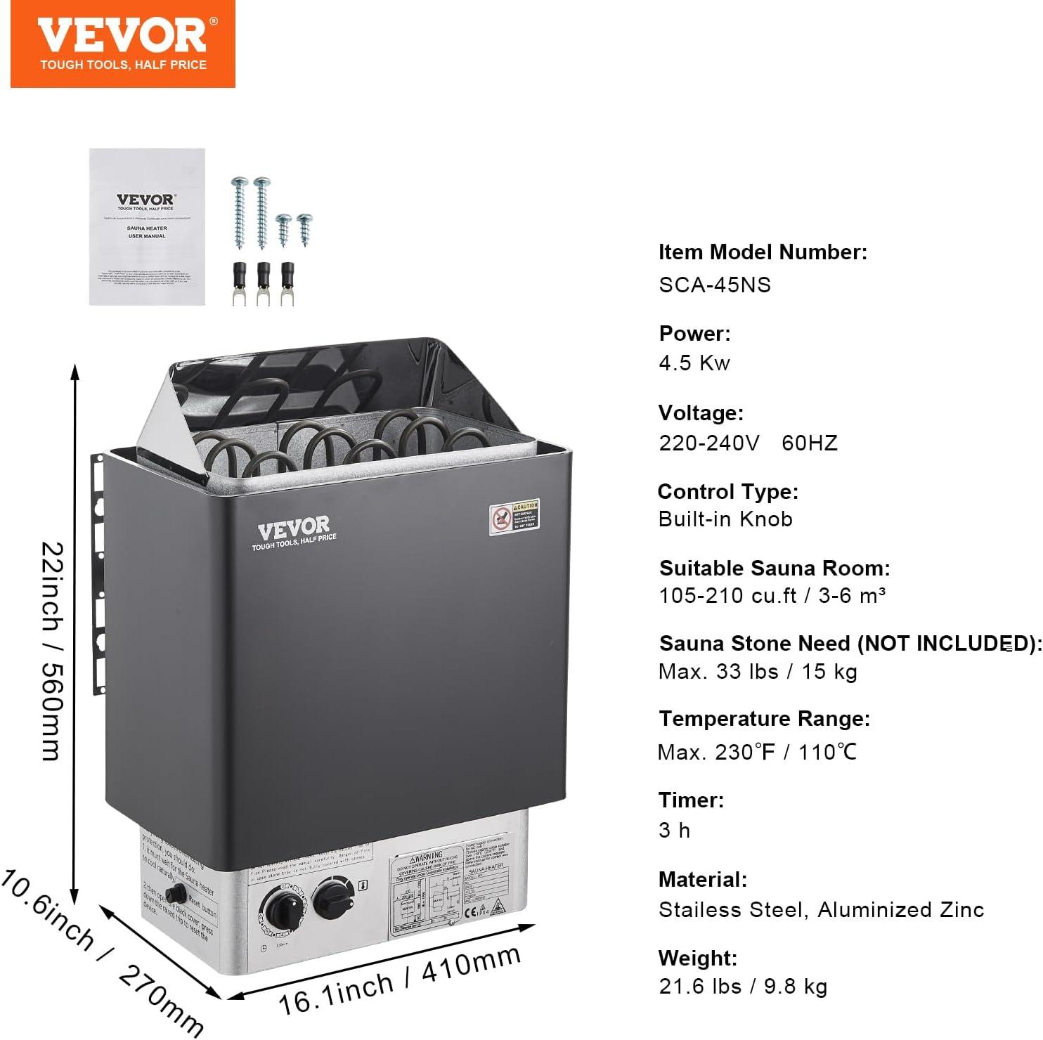 VEVOR 4.5KW Black and Silver Electric Sauna Heater with Timer