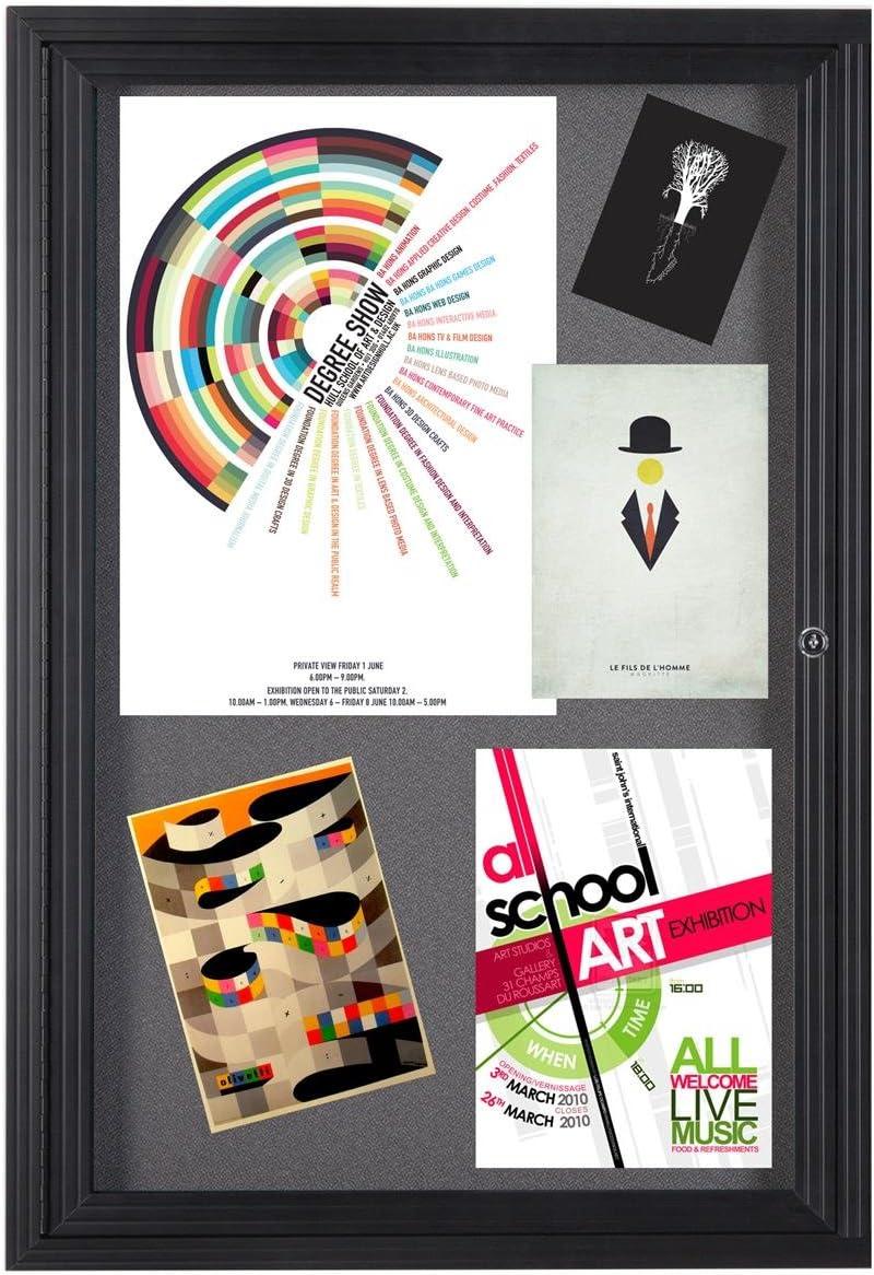 Fabric Corkboard for Wall Mounting, 24" x 36" Enclosed Message Board with Hinged, Swing-open Door, Gray Fabric and Black Aluminum Frame (LGFBBF2436)