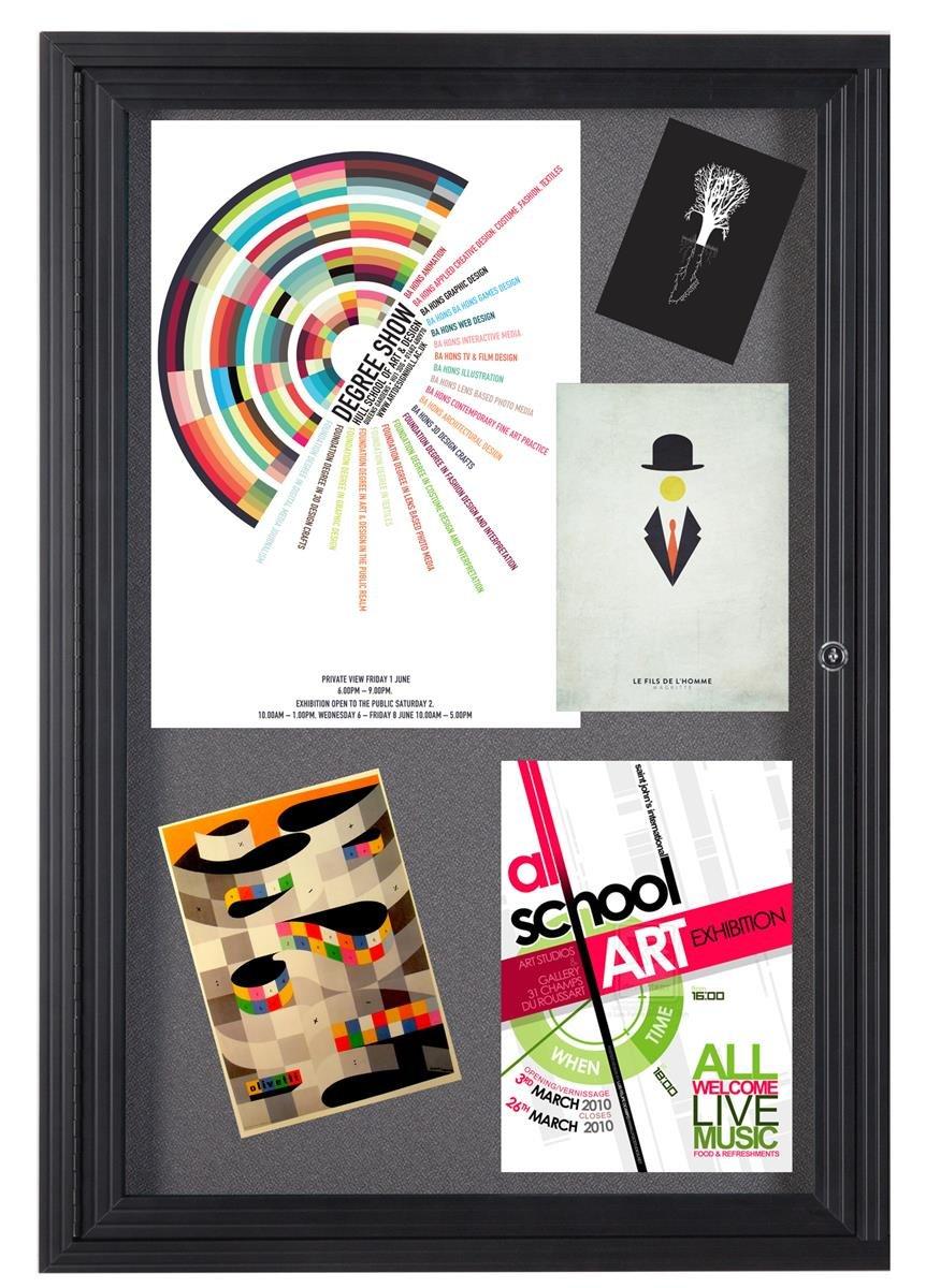 Fabric Corkboard for Wall Mounting, 24" x 36" Enclosed Message Board with Hinged, Swing-open Door, Gray Fabric and Black Aluminum Frame (LGFBBF2436)