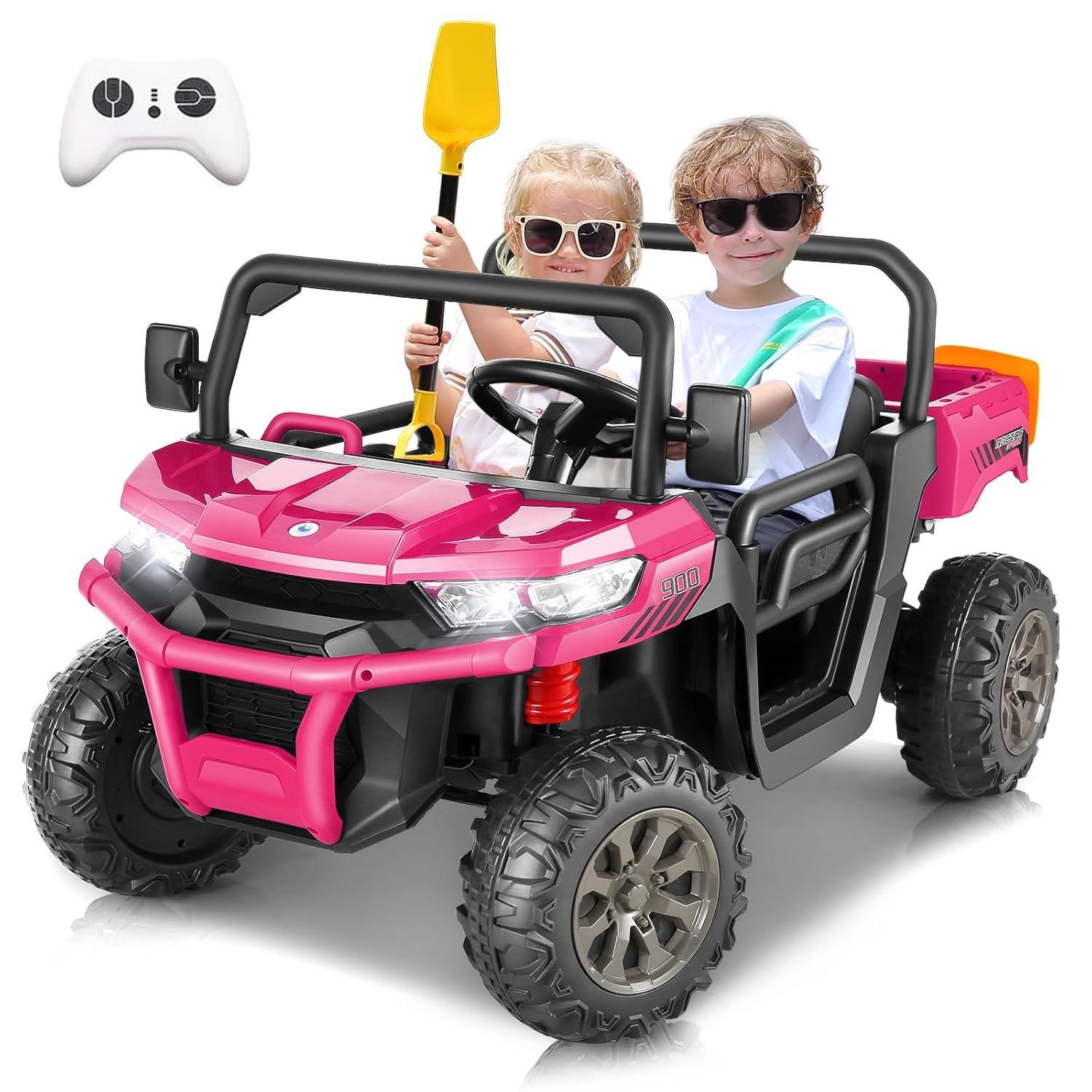 DreamDwell Home 4 Wheels 24V Ride on Dump Truck Toys 2 Seater Kids Ride On UTV Car with Remote Control,Electric Dump Bed