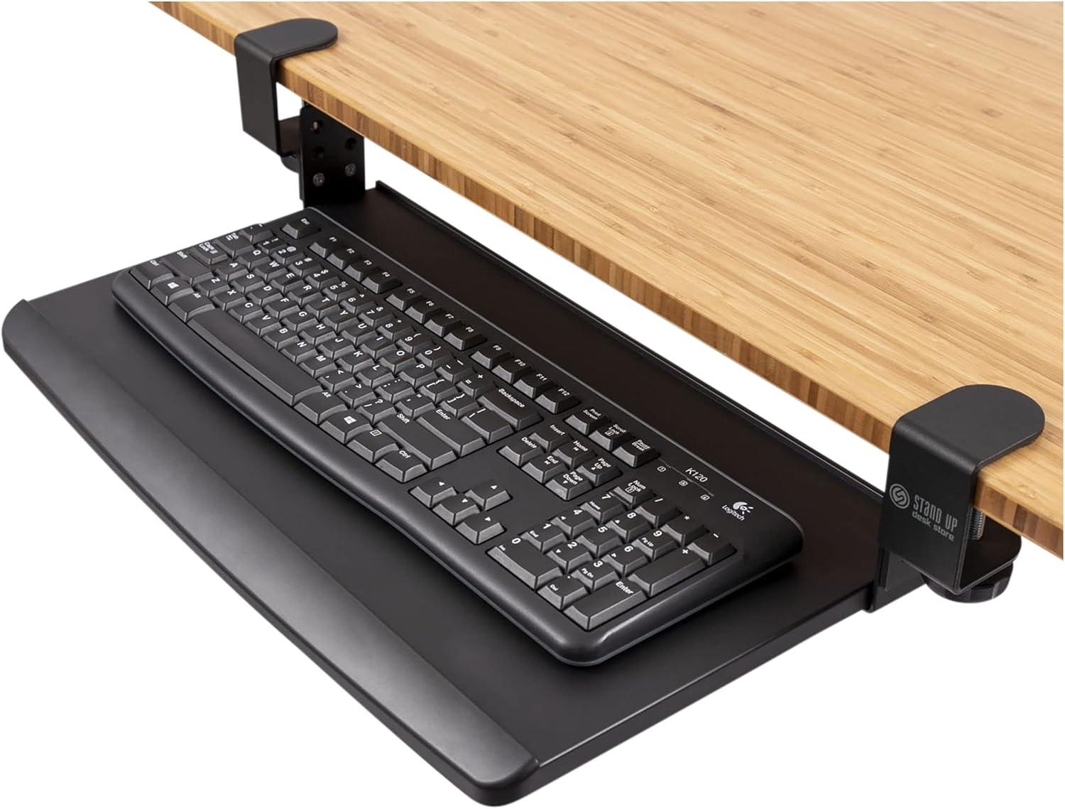 Stand Up Desk Store Clamp-On Retractable Adjustable Keyboard Tray / Under Desk Keyboard Tray | Increase Comfort And Usable Desk Space | For Desks Up To 1.5"