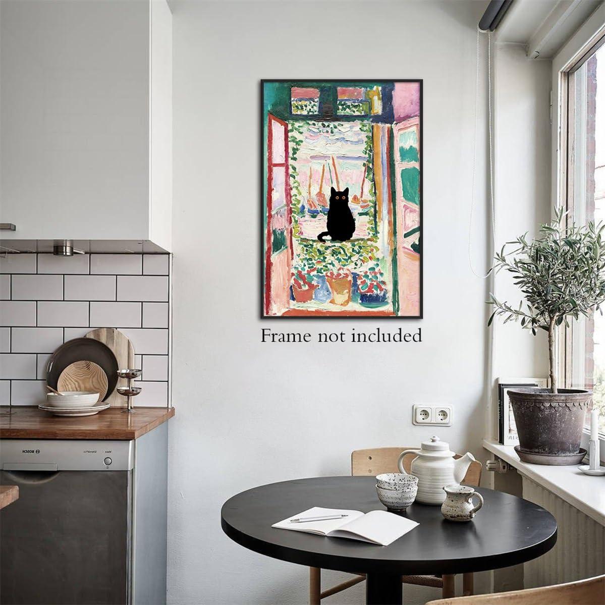 Henri Matisse Oil Paintings on Canvas Wall Art Matisse Famous Open Window Black Cat Poster Funny Cat Floral Print Colorful Farmhouse Gallery Aesthetic Room Decor for Bedroom Bathroom 12x16in Unframed
