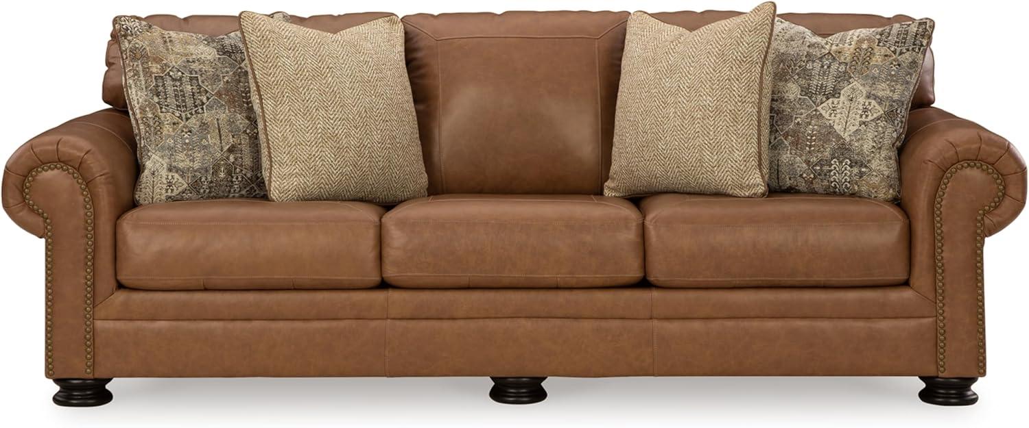 Traditional Brown Faux Leather Sofa with Nailhead Trim