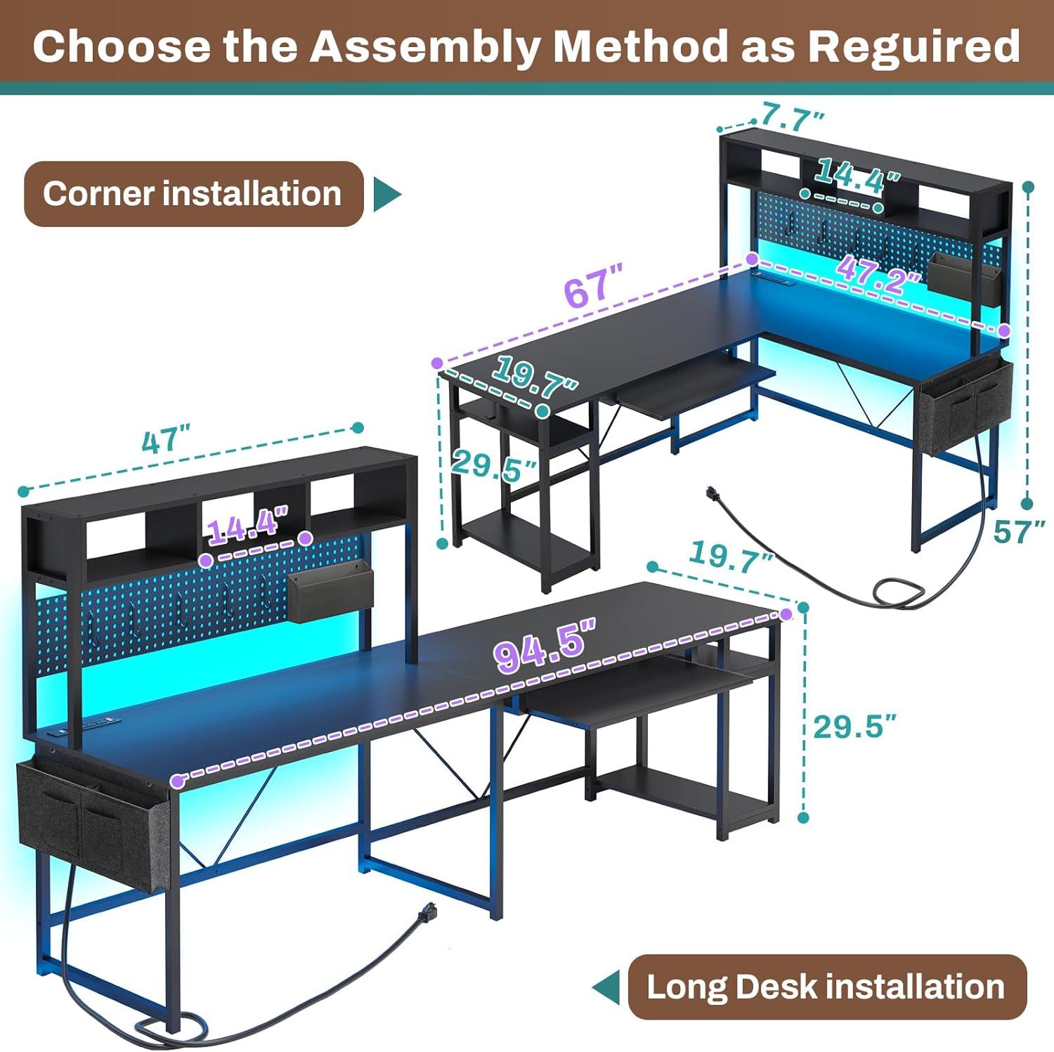 Black L-Shaped Gaming Desk with LED Lights and Storage