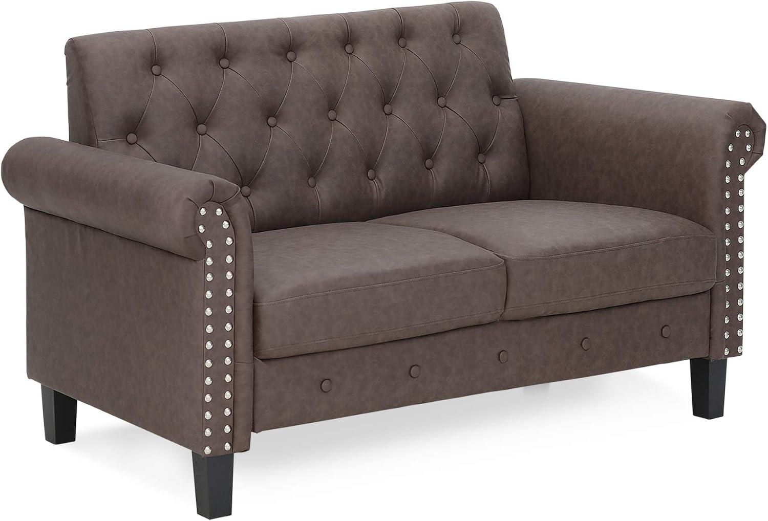 Bastia Brown Faux Leather Tufted Loveseat with Nailhead Trim