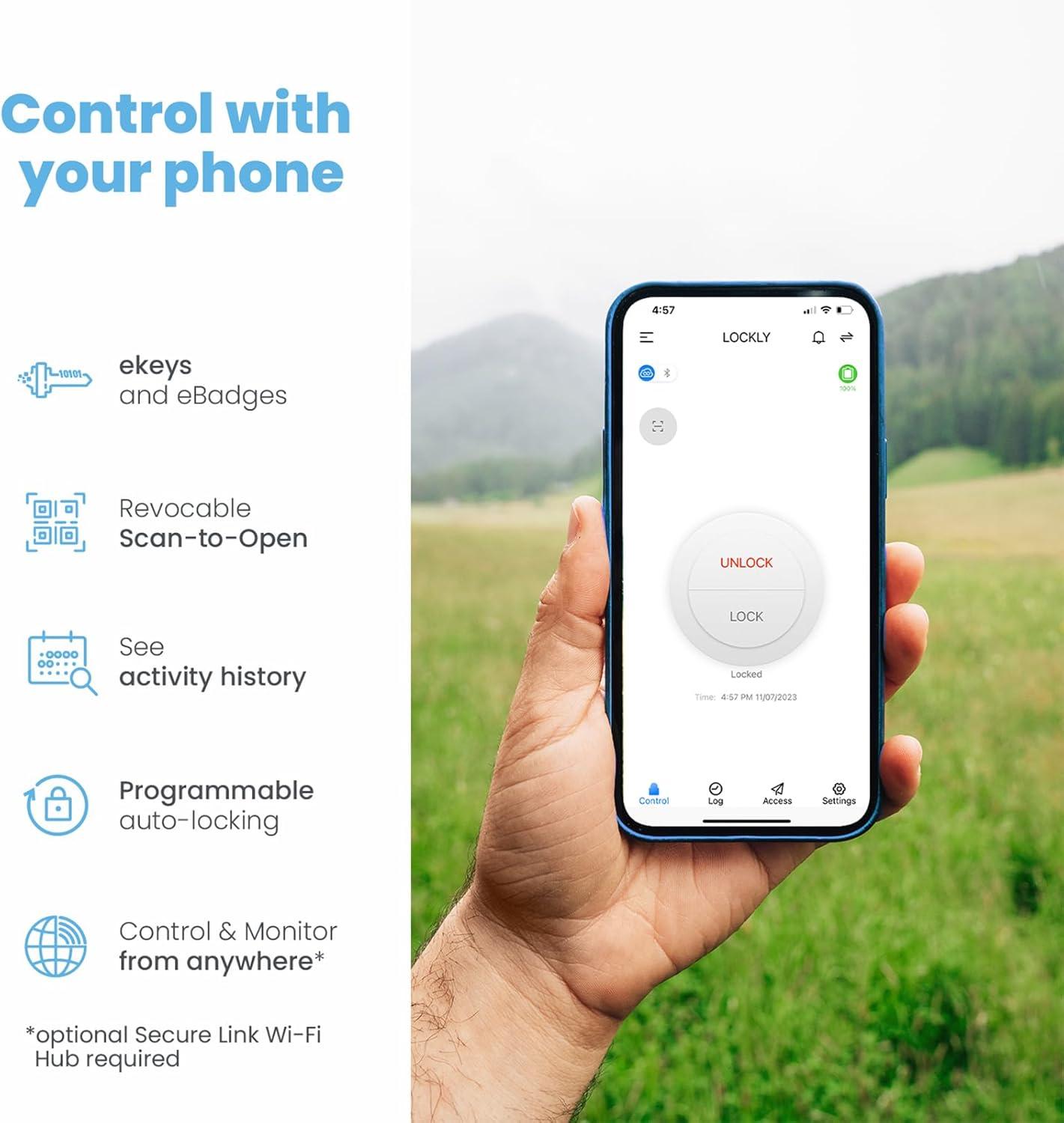 Lockly Smart Lock Model 6S, Bluetooth Smart Door Lock, Keyless Entry Door Lock, Touchscreen Keypad, App Control, eKeys and Offline Access Code, Auto Lock - Satin Nickel