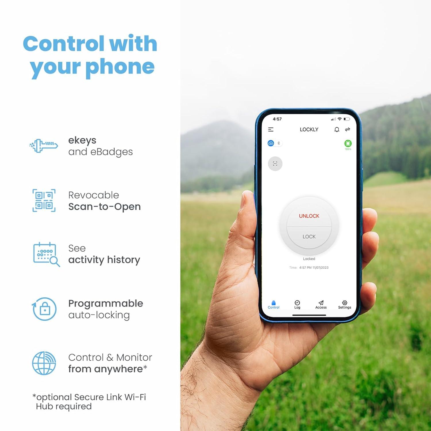 Lockly Smart Lock Model 6S, Bluetooth Smart Door Lock, Keyless Entry Door Lock, Touchscreen Keypad, App Control, eKeys and Offline Access Code, Auto Lock - Satin Nickel