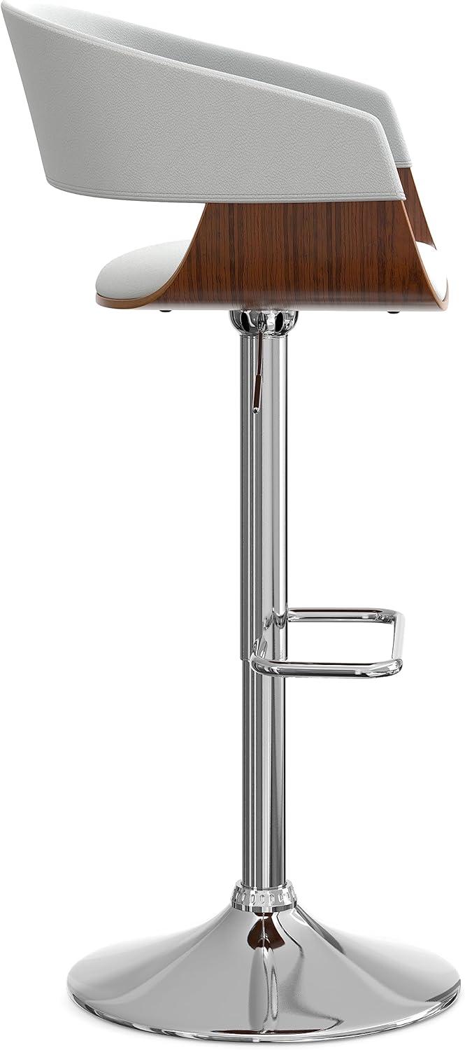 White Faux Leather Adjustable Swivel Bar Stool with Wood Accents