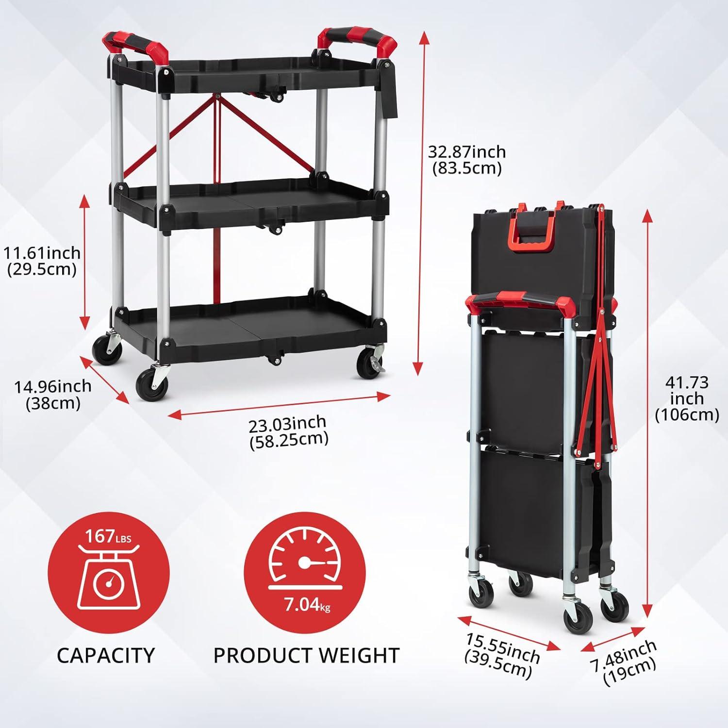 Gray and Red 3-Tier Folding Aluminum Utility Cart